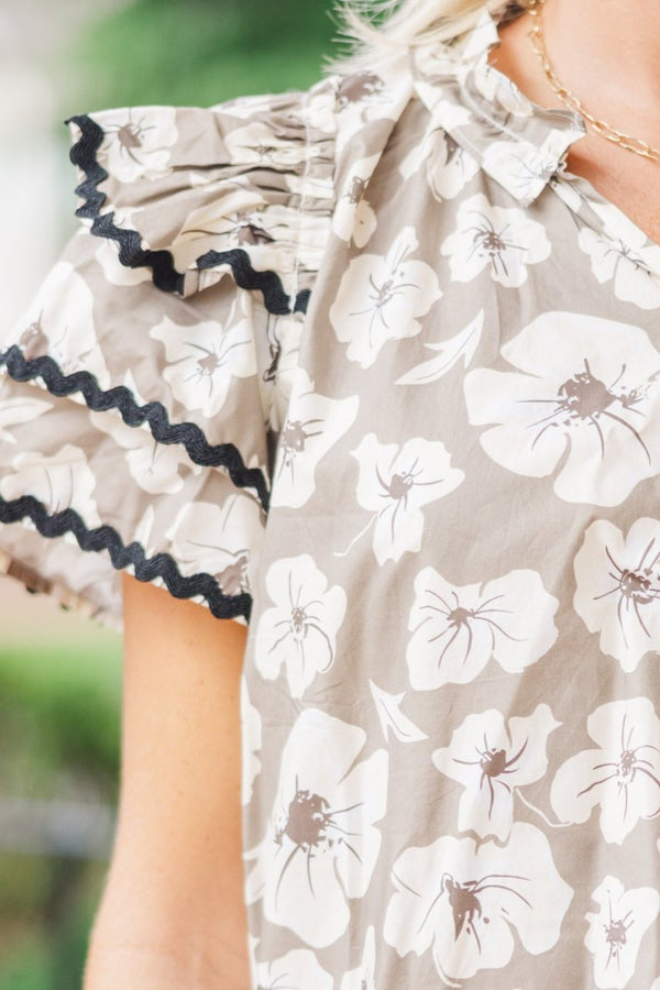 Waiting For You Taupe Brown Floral Blouse