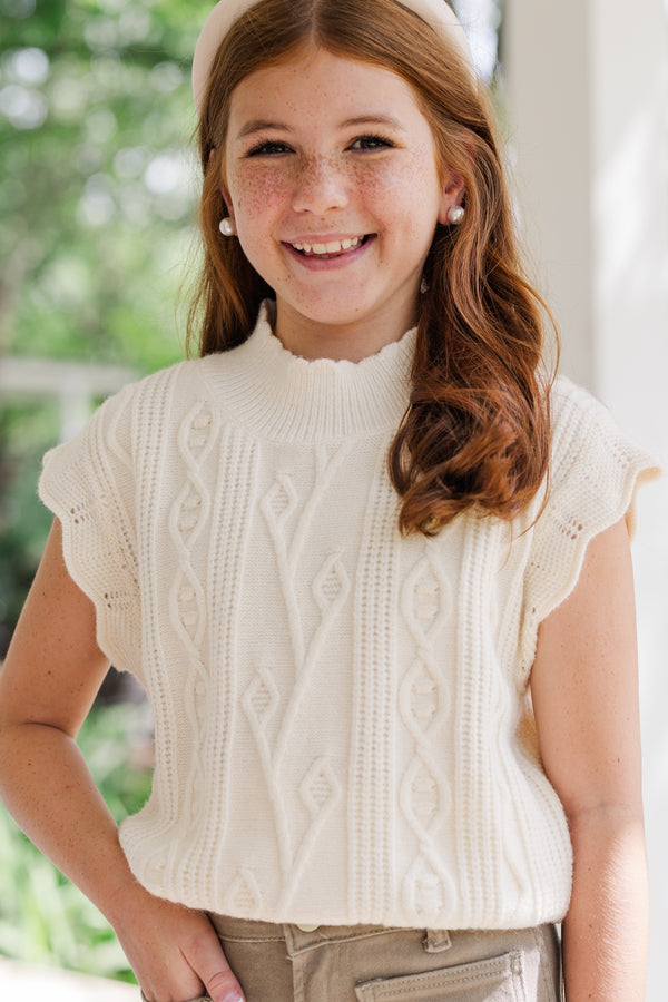 Girls: Get It Going Cream White Cable Knit Sweater Top