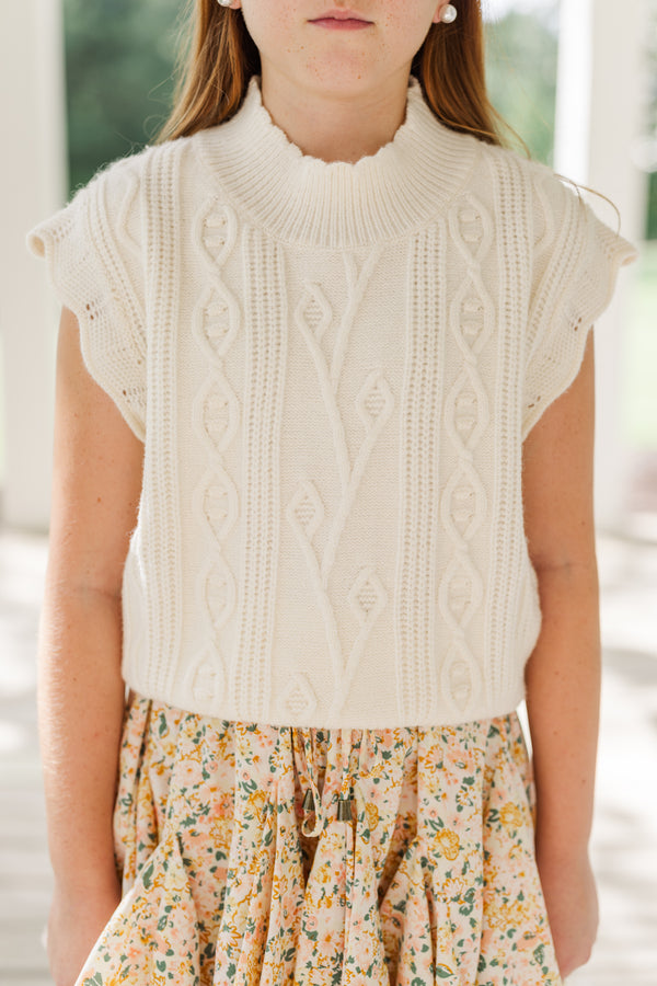 Girls: Get It Going Cream White Cable Knit Sweater Top