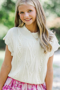 Girls: Get It Going Cream White Cable Knit Sweater Top