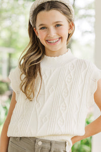 Girls: Get It Going Cream White Cable Knit Sweater Top