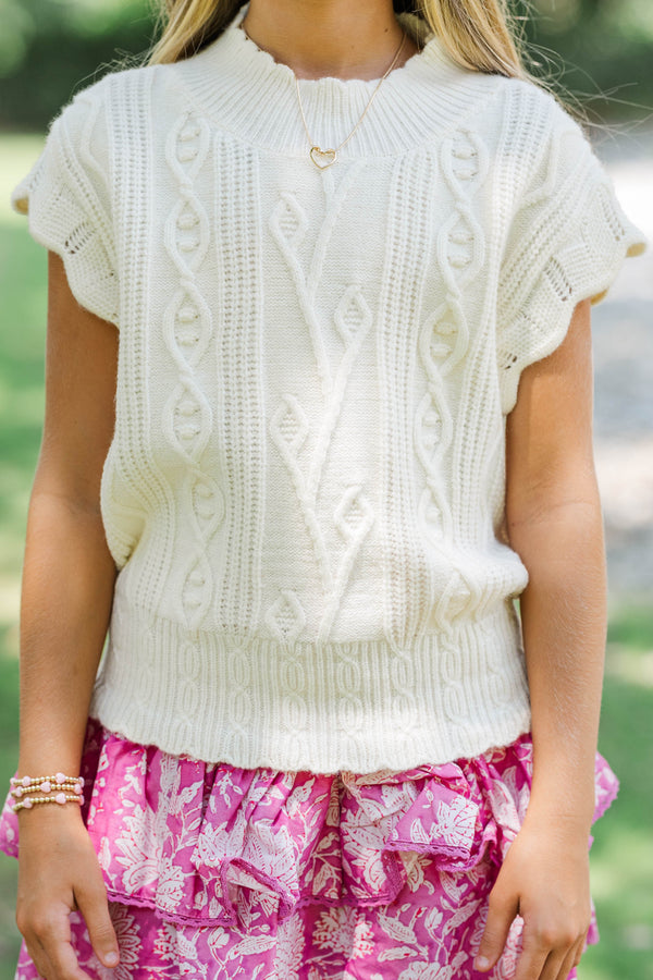 Girls: Get It Going Cream White Cable Knit Sweater Top