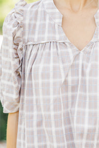 From The Start Taupe Plaid Blouse