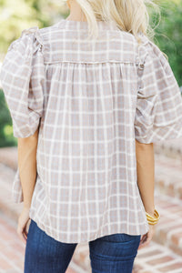 From The Start Taupe Plaid Blouse