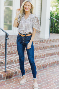 From The Start Taupe Plaid Blouse