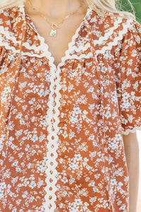 Win You Over Chestnut Brown Ditsy Floral Blouse