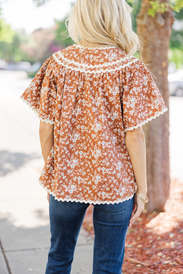 Win You Over Chestnut Brown Ditsy Floral Blouse