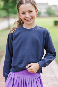 Girls: Always Happy Navy Blue Graphic Sweatshirt