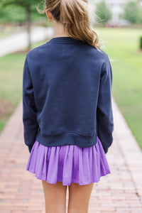 Girls: Always Happy Navy Blue Graphic Sweatshirt