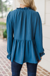 Making Moves Teal Blue Ruffled Blouse