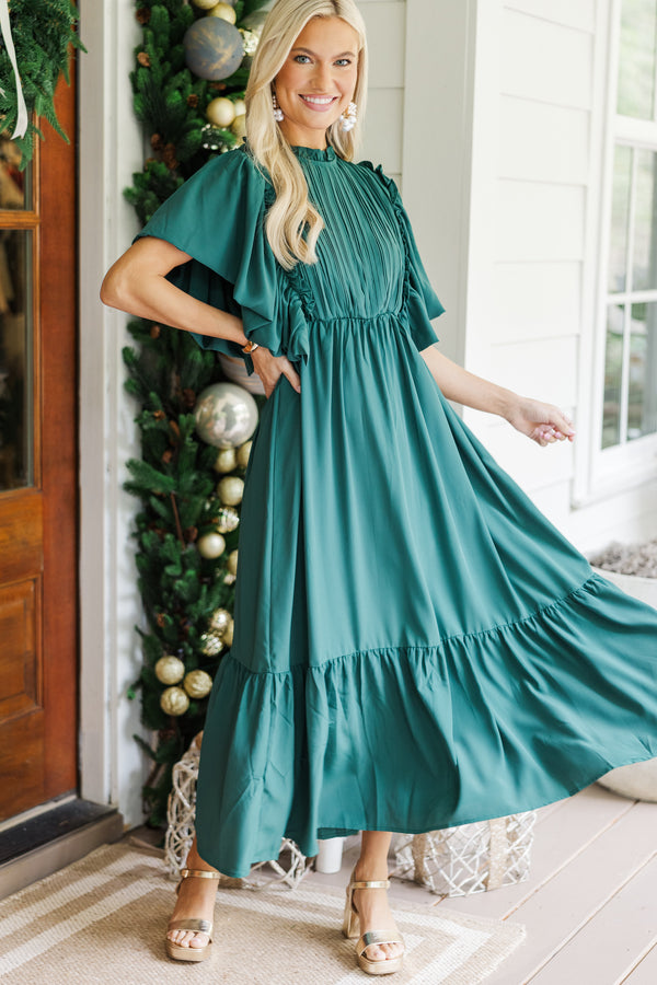 All The Good Emerald Green Ruffled Midi Dress