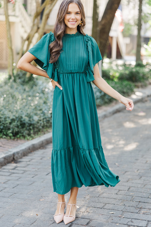 All The Good Emerald Green Ruffled Midi Dress