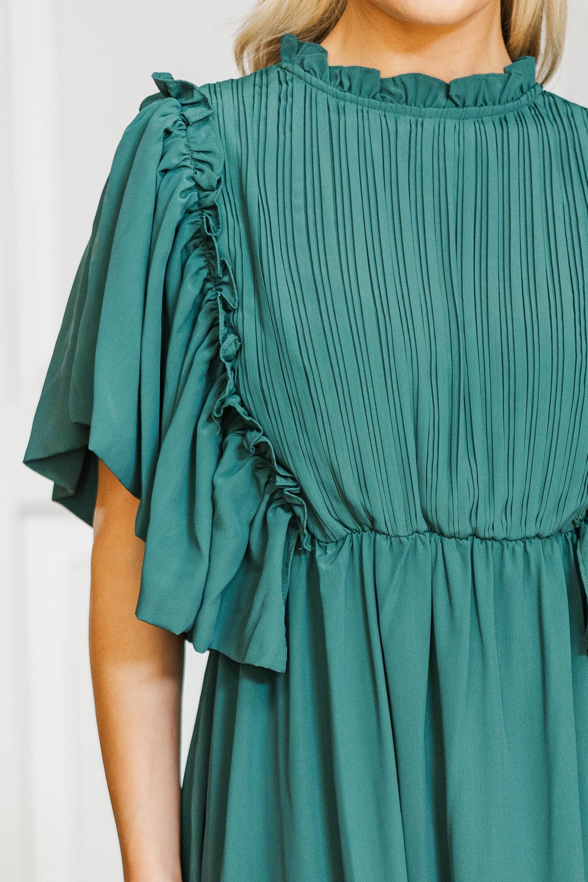 h&m green ruffle dress All The Good Emerald Ruffled Midi – Shop the Mint silhouette:white dresses Calla Asymmetrical Dropped Waist Gathers at top for Color:Sail