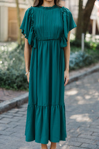 All The Good Emerald Green Ruffled Midi Dress