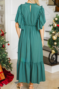 All The Good Emerald Green Ruffled Midi Dress
