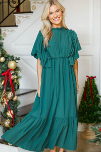 All The Good Emerald Green Ruffled Midi Dress