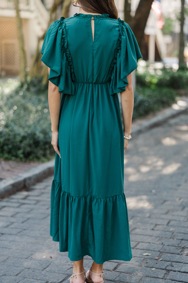 All The Good Emerald Green Ruffled Midi Dress