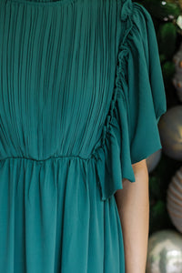 All The Good Emerald Green Ruffled Midi Dress