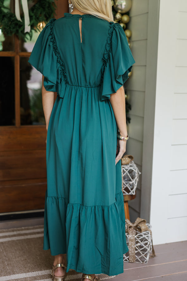 All The Good Emerald Green Ruffled Midi Dress