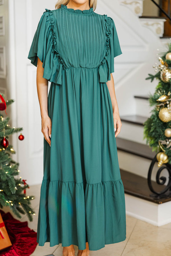 All The Good Emerald Green Ruffled Midi Dress