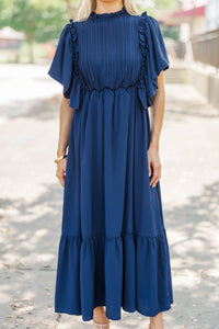 All The Good Navy Blue Ruffled Midi Dress