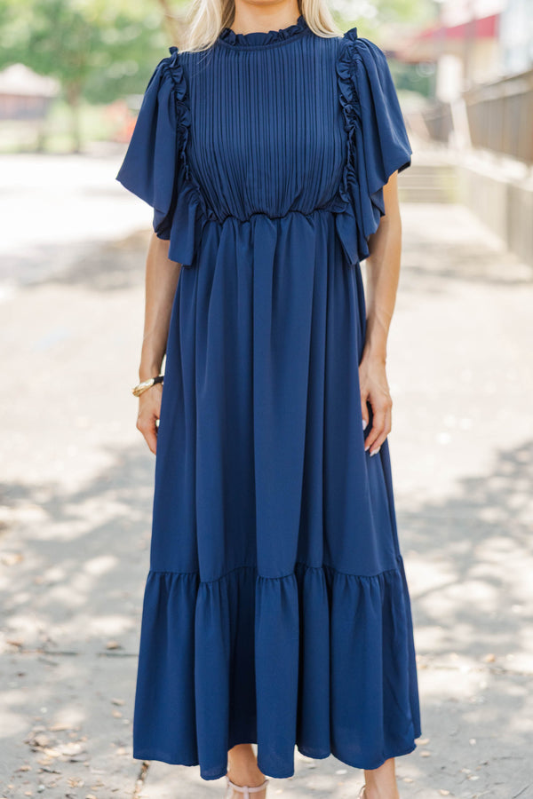 All The Good Navy Blue Ruffled Midi Dress