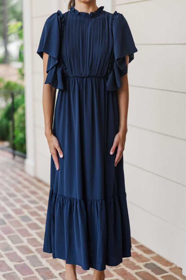 All The Good Navy Blue Ruffled Midi Dress