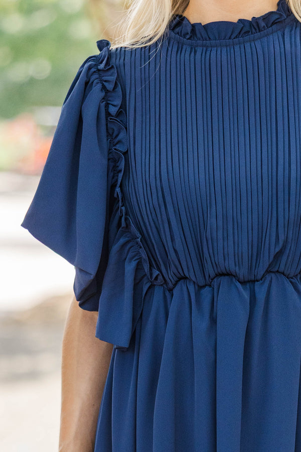 All The Good Navy Blue Ruffled Midi Dress