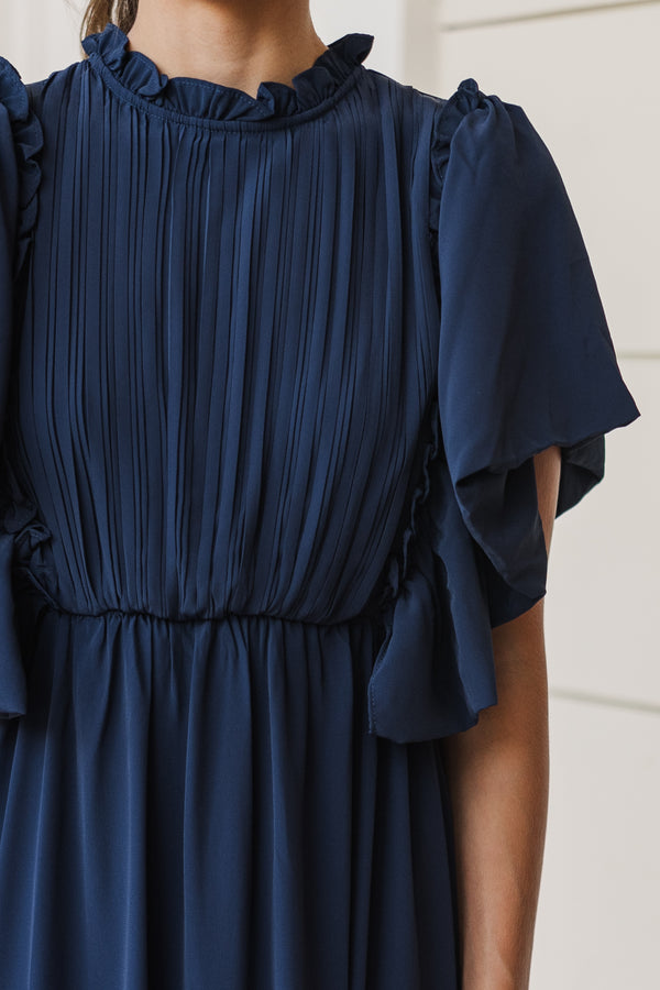 All The Good Navy Blue Ruffled Midi Dress