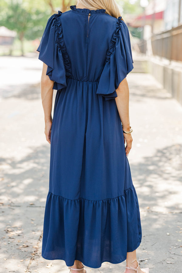 All The Good Navy Blue Ruffled Midi Dress