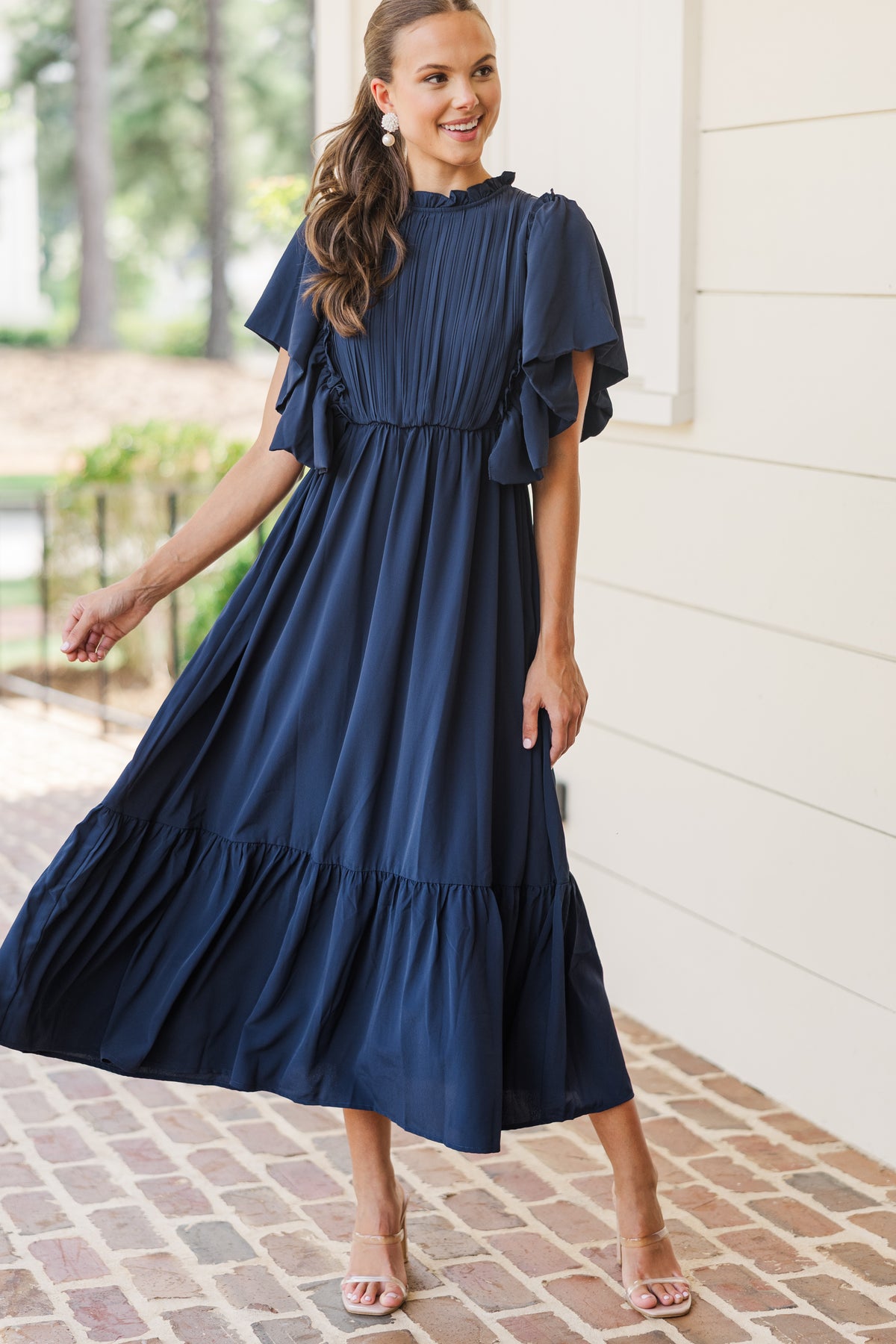 All The Good Navy Blue Ruffled Midi Dress – Shop the Mint
