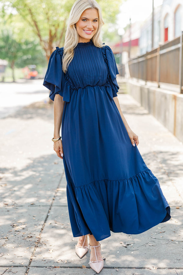 All The Good Navy Blue Ruffled Midi Dress