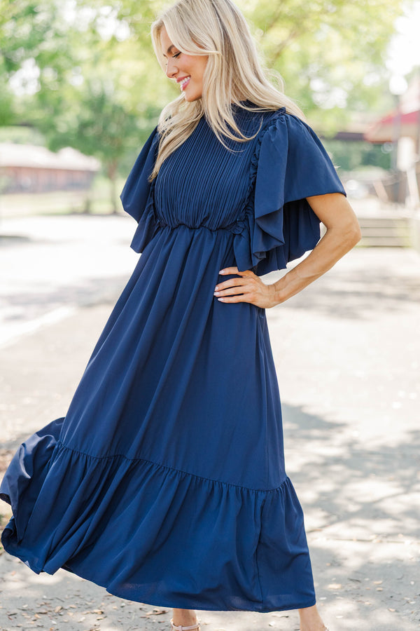 All The Good Navy Blue Ruffled Midi Dress