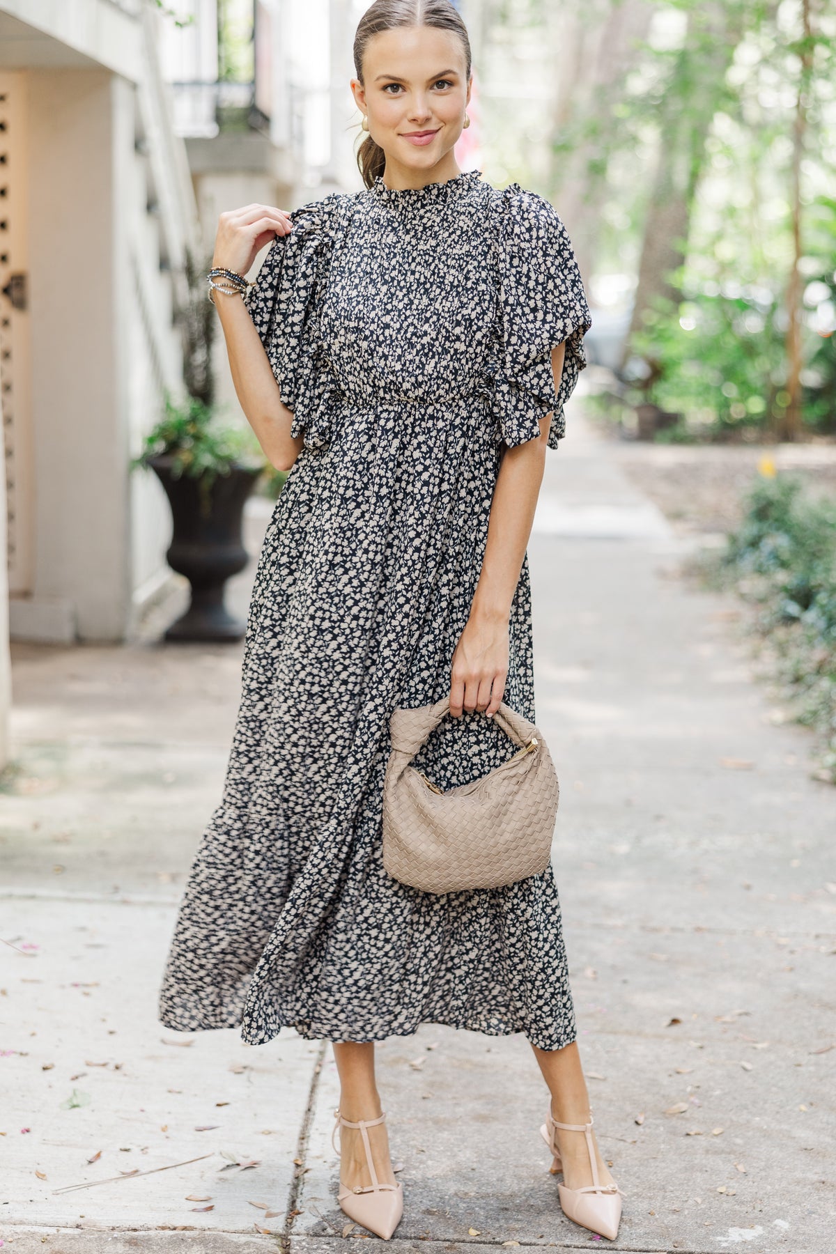 Black Ditsy Floral Long Sleeve Midi Dress main image 1