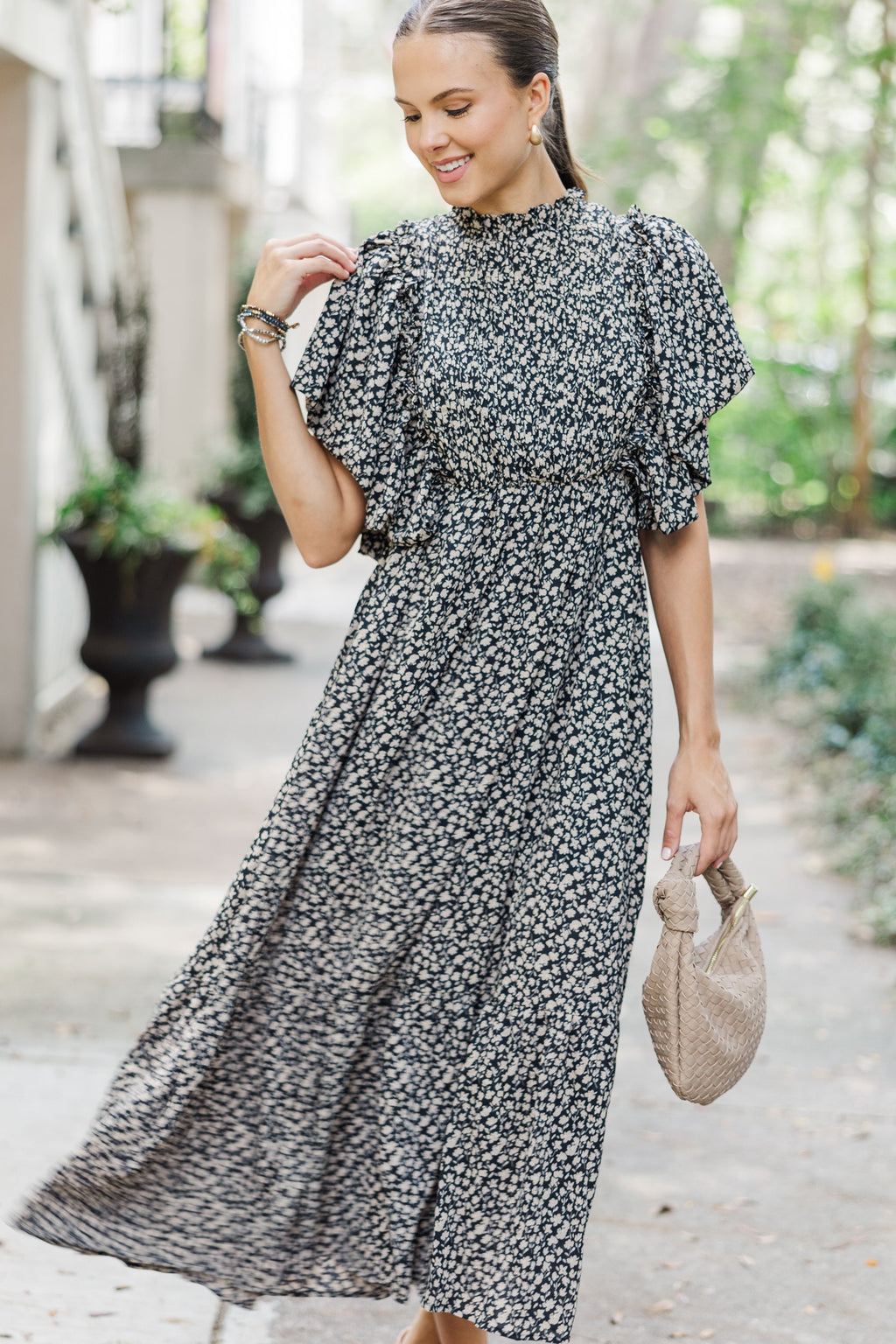 All The Good Black Ditsy Floral Ruffled Midi Dress Shop the Mint All The Good Black Ditsy Floral Ruffled Midi Dress Shop the Mint