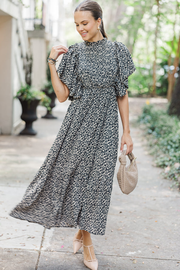 All The Good Black Ditsy Floral Ruffled Midi Dress Shop the Mint