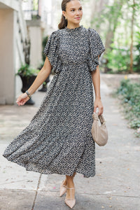 All The Good Black Ditsy Floral Ruffled Midi Dress