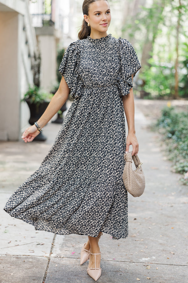All The Good Black Ditsy Floral Ruffled Midi Dress Shop the Mint All The Good Black Ditsy Floral Ruffled Midi Dress Shop the Mint