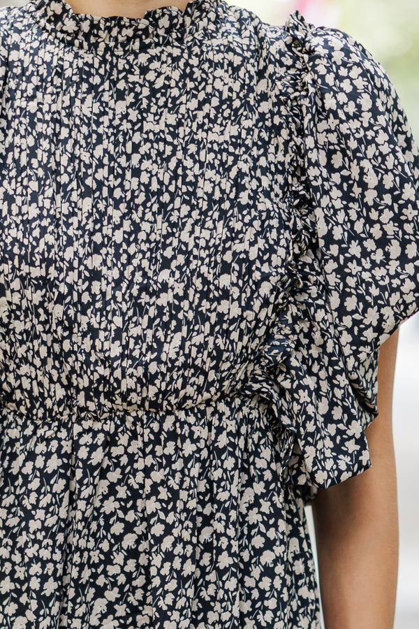 All The Good Black Ditsy Floral Ruffled Midi Dress Shop the Mint All The Good Black Ditsy Floral Ruffled Midi Dress Shop the Mint