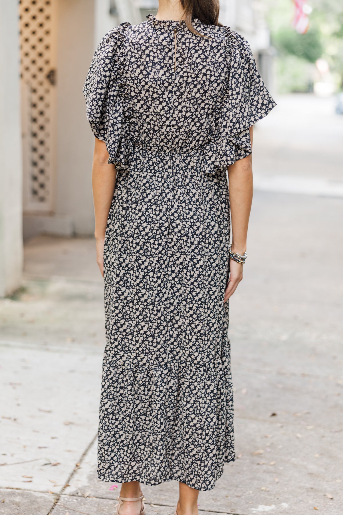All The Good Black Ditsy Floral Ruffled Midi Dress – Shop the Mint