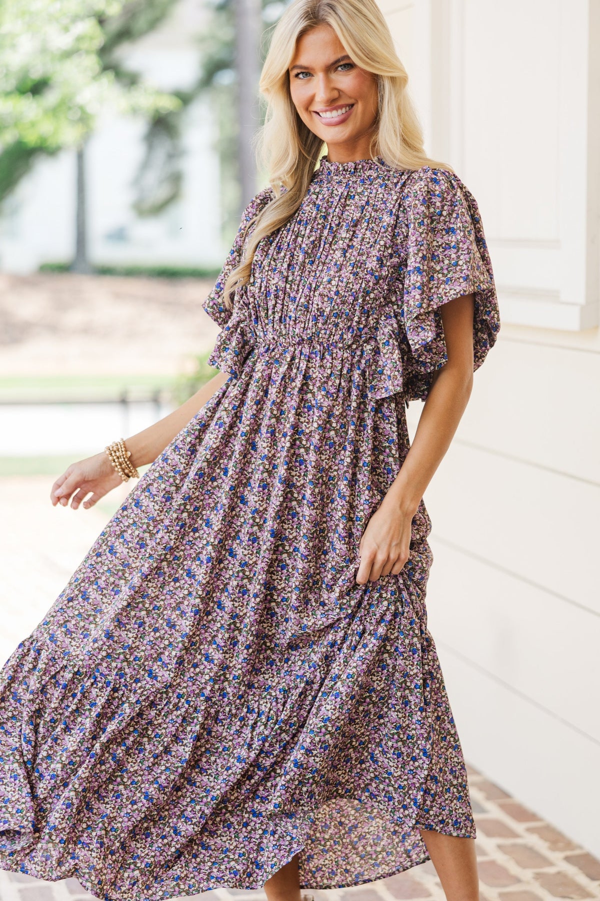 All The Good Plum Ditsy Floral Ruffled Midi Dress – Shop the Mint