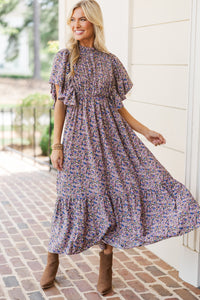 All The Good Plum Ditsy Floral Ruffled Midi Dress