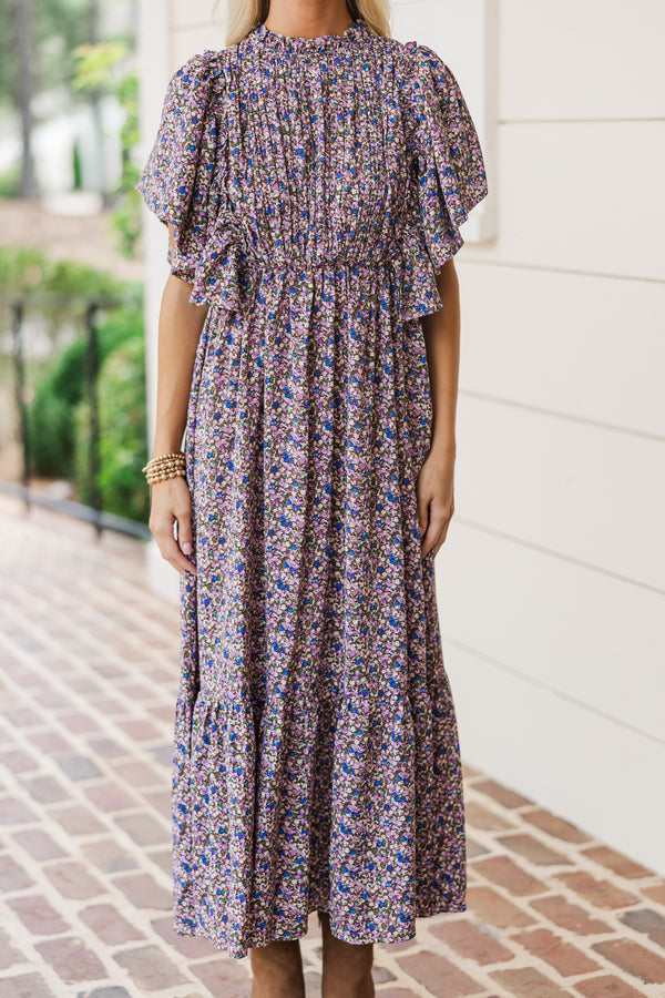 All The Good Plum Ditsy Floral Ruffled Midi Dress