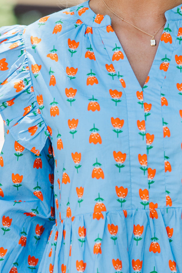 At This Time Blue Floral L/S Babydoll Dress