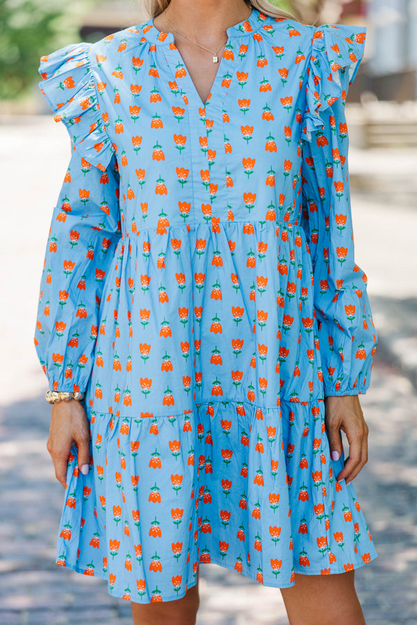 At This Time Blue Floral L/S Babydoll Dress