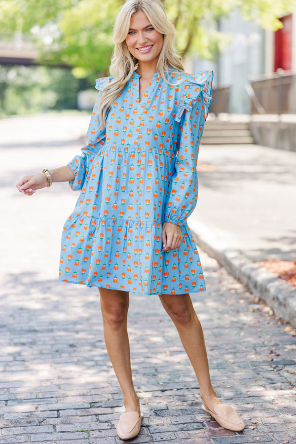 At This Time Blue Floral L/S Babydoll Dress