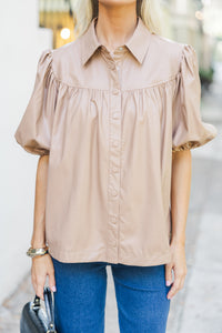 All In A Dream Camel Brown Faux Leather Blouse