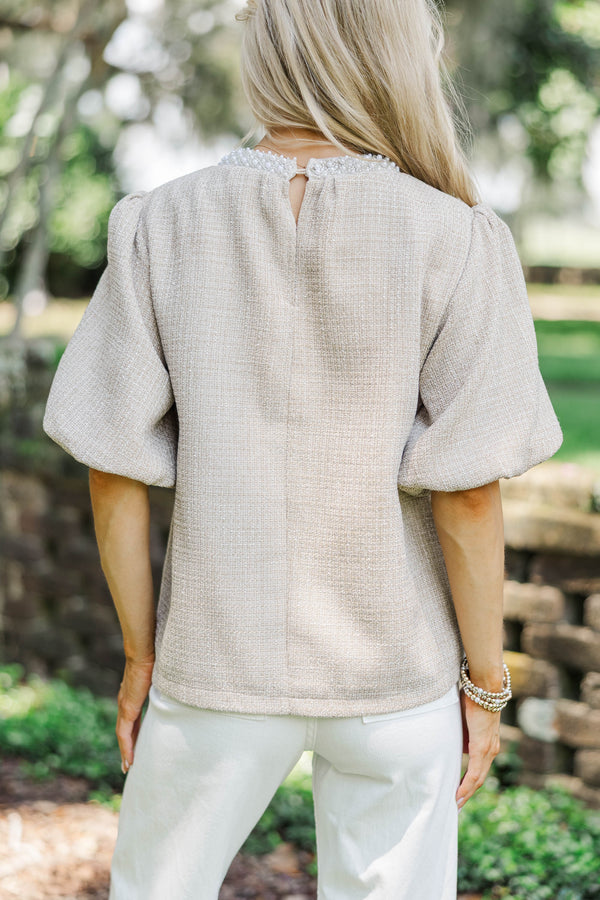 Calling On You Oatmeal Brown Tweed Blouse