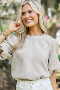 Calling On You Oatmeal Brown Tweed Blouse