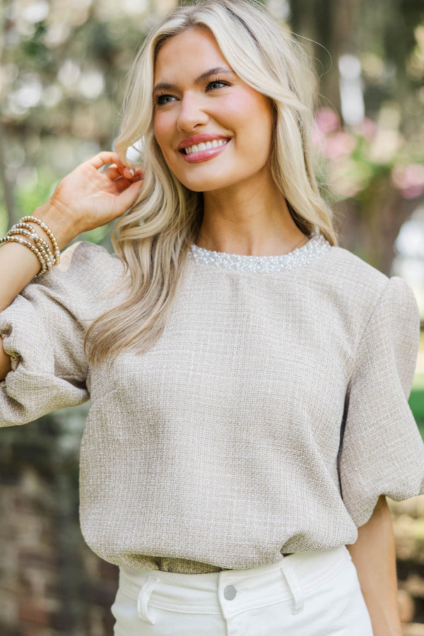 Calling On You Oatmeal Brown Tweed Blouse